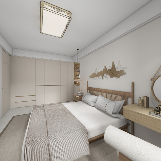 Eenvoudig houten korrelmeubilair met lichtgekleurde garderobe