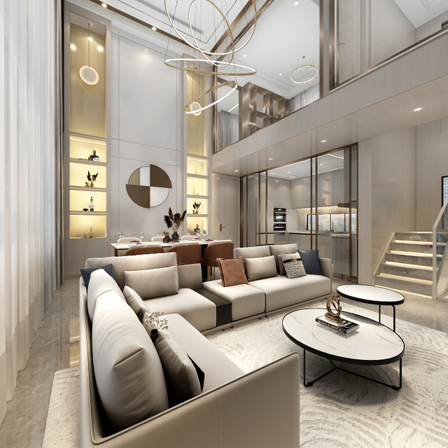 Groot appartement high-end lichtgekleurde woonkamer tv-kast